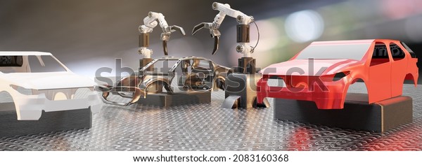 Car production\
processing service in factory robot hi tech robotic AI control arm\
hand robot artificial for car technology in garage dealership with\
tech hand cyborg 3D\
RENDER