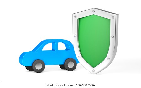 Car Protection. Green Shield And Car. Car Insurance. Isolated On White Background. 3d Render
