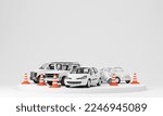 Car protection and safety assurance concept, car insurance web banner design. white automobile cars on podium with traffic cone isolated on white background. cartoon realistic 3d rendering