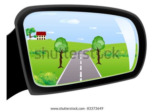 Car rear view mirror is reflected in it expensive,\
the meadow and the\
house