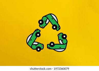Car Recycle Banner And Concept. Three Cars To Form Recycling Symbol.