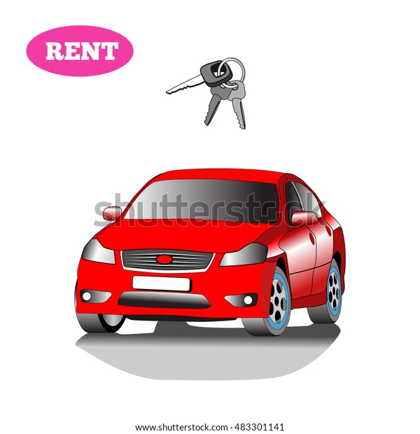 Car for rent with car key isolated on white\
background.  Stock\
illustration.