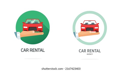 Car Rent Logo Or Automobile Buy Icon Flat, Auto Vehicle Rental Or Hire Shop Agency Dealer, Sale Or New Trade Service Concept Illustration On Hand White Red Green Color