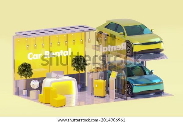 Car rent service office and\
rental cars. Modern office interior with self service kiosk and\
electric cars on the automatic multistorey parking. 3d\
illustration
