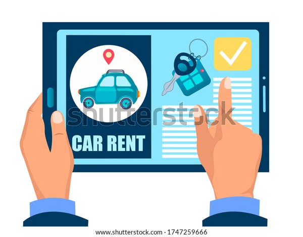 Car rent web site Online car rental,\
car rental site on an electronic gadget \
illustration