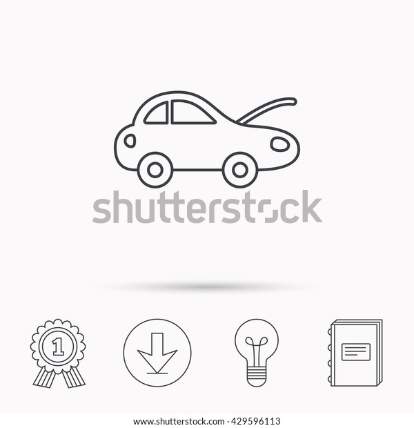 Car repair icon. Mechanic\
service sign. Download arrow, lamp, learn book and award medal\
icons.