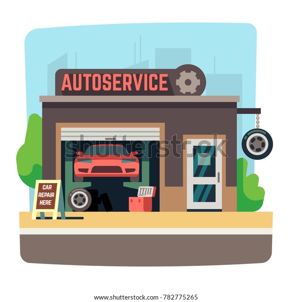Car repair\
mechanic shop with automobile inside auto garage illustration. Auto\
service repair\
garage