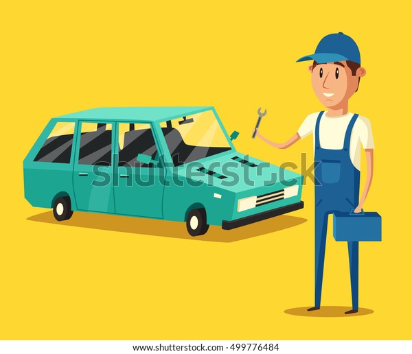 Car repair. Car service. cartoon\
illustration. Mechanic repairs car in the garage. Broken car in\
auto repair shop. Funny mechanic. Professional\
worker.