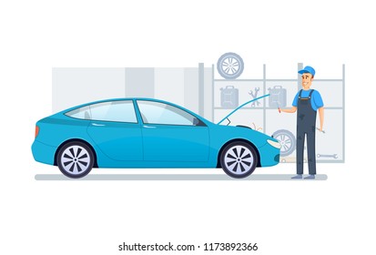 Car repair and service. Mechanic repairs and diagnostics car in building of auto service. Auto mechanic working in auto repair service. Repair machines, equipment. illustration. - Powered by Shutterstock