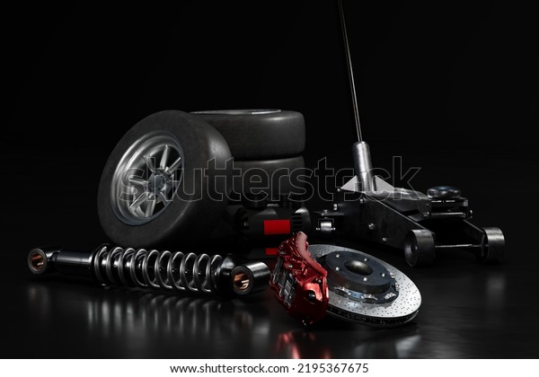 car repair at the service
station. car service parts. wheels, jack, brake disc, turbine and
shock absorber on a black background. 3d render. 3d
illustration