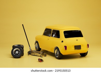 car repair at the service station. replacement of old wheels. yellow car near which the wheel, jack on a yellow background. 3d render. 3d illustration - Powered by Shutterstock