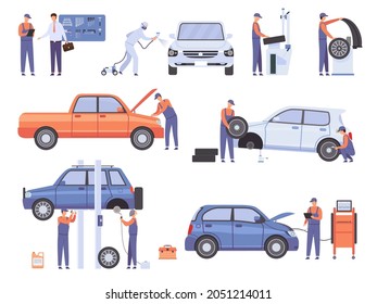 Car repair service workers. Mechanic in automobile workshop change wheels and fix damage vehicle. Cars maintenance center people  set. Illustration mechanic and worker, repairman auto - Powered by Shutterstock