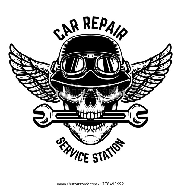 Car repair. Skull in\
winged helmet with wrench in teeth. Design element for logo, label,\
sign, t shirt.