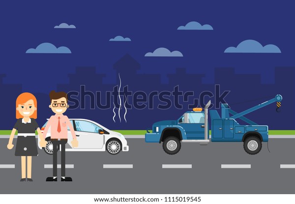 Car repairs banner with people couple near broken\
car and tow truck on highway.illustration for automobile repair\
service, auto assistance, car evacuating. Road accident or car\
trouble