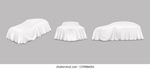 Car Reveal Event Drapes, Side Front View, Isolated Illustration. Automobile Hidden Behind Realistic White Unveiling Cloth. New Car Model Presentation, Auto Show.