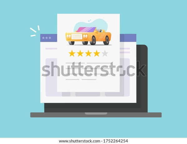 Car review reputation text online on laptop\
computer or automobile testimonial feedback and customer rating\
internet web pc flat cartoon, vehicle rental shop rank or test\
drive auto access icon\
image