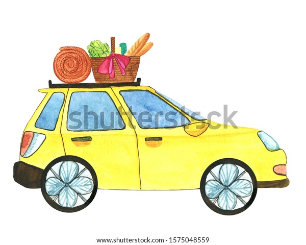 \
Car rides on a picnic. Watercolor\
illustration. Hand\
drawing.