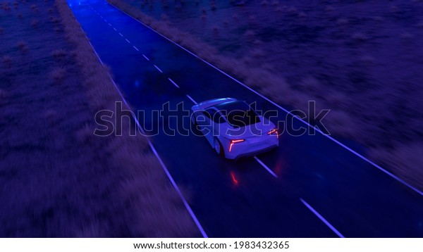 The car rushes at fast speed along the\
asphalt road along the desert into a fabulous sunset with a magical\
blue tint. 3d\
illustration