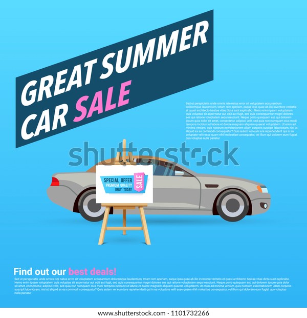 Car sale banner.\
illustration with cartoon-style car. Gray sedan sale on blue\
background. Business\
automobile