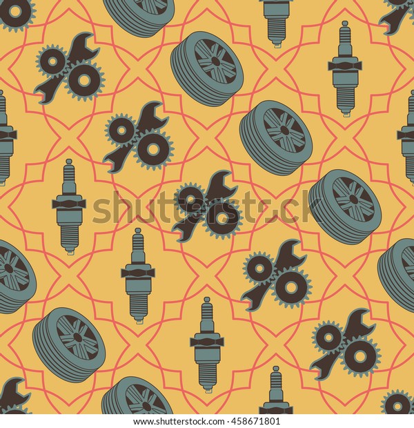Car seamless pattern of motor\
vehicle parts spark plug wheels and tools. Rasterized\
version
