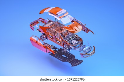 Car sedan mechanical parts isometric exploded view. 3D isometry illustration of modern vehicle for poster, banner design. Car assembly, automotive industry, auto repair service, spare parts business