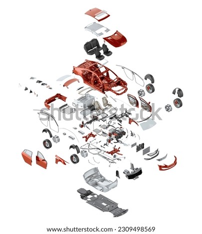 Car sedan mechanical parts isometric exploded view. 3D isometry illustration of modern auto, vehicle structure. Car assembly, automotive industry, auto repair service, automobile spare parts business Stockfoto © 