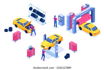 Car service or auto maintenance garage, transport diagnostic center. Isolated vehicle wash and automobile tuning, wheel alignment. Mechanic under machine hood. Auto shop for spare change or check - Powered by Shutterstock