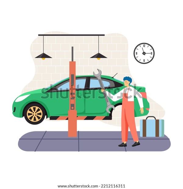 Car service center, auto repair\
shop, garage. Mechanic in uniform changing tires, flat\
illustration. Car repair auto service. Tyre maintenance and\
change.