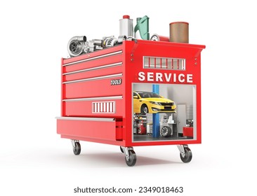 Car service concept. Car repair hall in form of toolbox. 3d illustration - Powered by Shutterstock