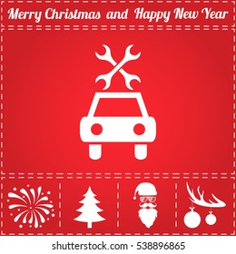 Car Service. Flat Symbol And Bonus Icons For New Year - Santa Claus, Christmas Tree, Firework, Balls On Deer Antlers