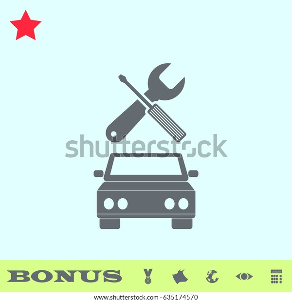 Car service icon flat. Simple gray pictogram\
on blue background. Illustration symbol and bonus icons medal, cow,\
earth, eye,\
calculator