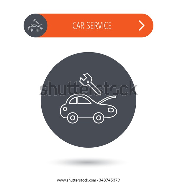 Car service\
icon. Transport repair with wrench key sign. Gray flat circle\
button. Orange button with arrow.\
