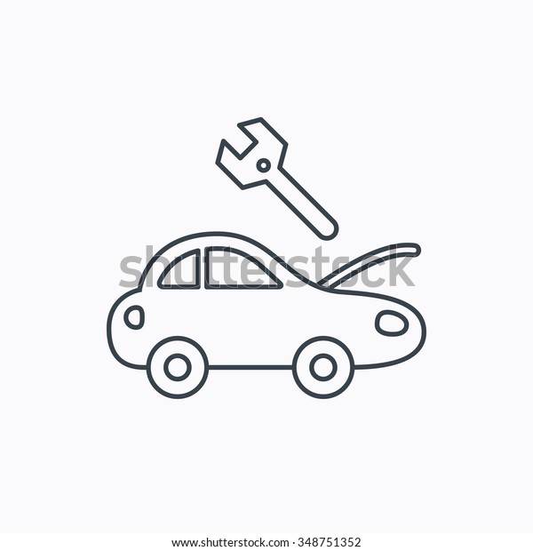 Car service icon. Transport\
repair with wrench key sign. Linear outline icon on white\
background. 