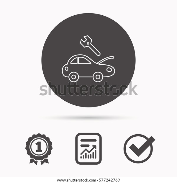 Car service icon. Transport repair with wrench key sign.
Report document, winner award and tick. Round circle button with
icon. 