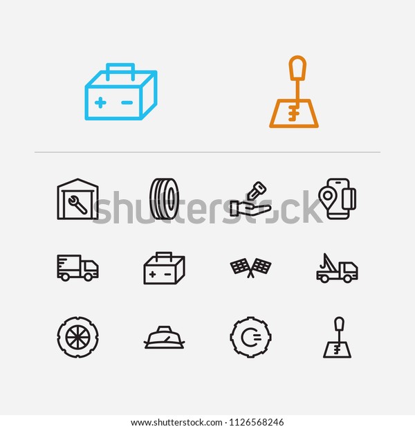 Car service icons set. Gear logo and car\
service icons with car battery, mobile payment and car seller. Set\
of model for web app logo UI\
design.