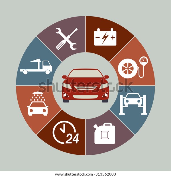 Car service icons set in round chart. Auto service\
infographics. 