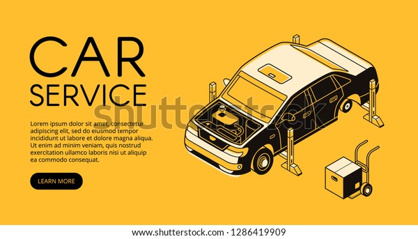 Car\
service illustration of automobile garage station. Automotive\
mechanic diagnostic and engine or chassis repair in isometric black\
thin line design on yellow halftone\
background