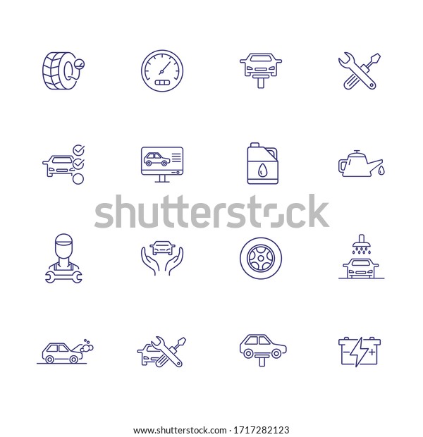 Car
service line icon set. Set of line icons on white background. Auto
concept. Car, checking, machine oil, master. illustration can be
used for topics like car, auto, mechanical,
service