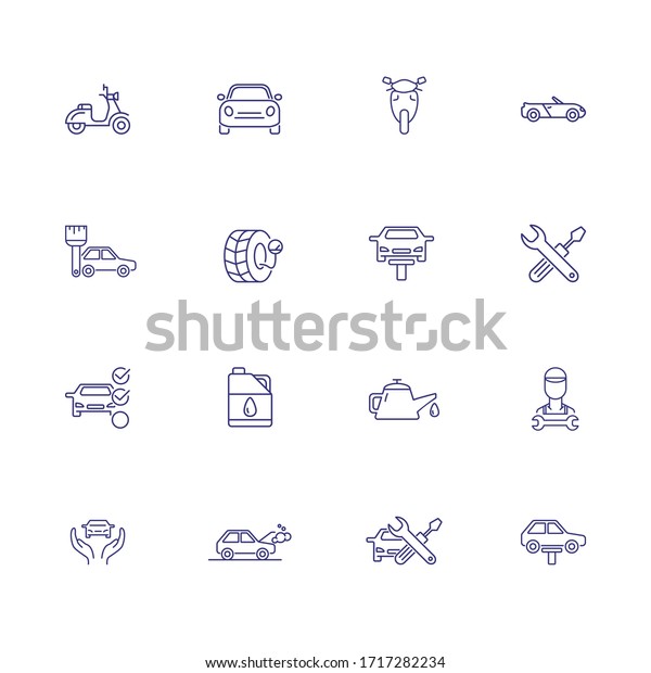 Car service line icon set. Vehicle,
scooter, oil, wheel. Maintenance concept. Can be used for topics
like service station, blue collar, vehicle
inspection