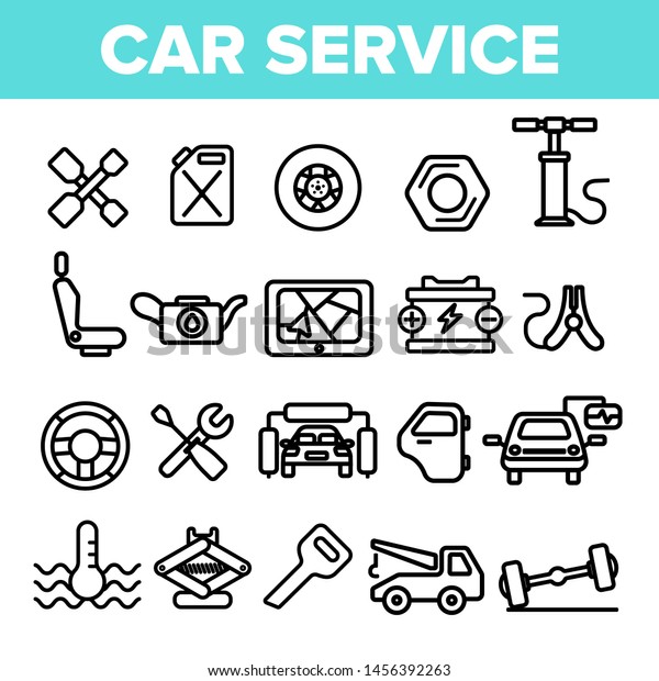 Car
Service Linear Icons Set. Car Repair Shop Thin Line Contour Symbols
Pack. Auto Maintenance Pictograms Collection. Automobile Assistance
Workshop. Garage Equipment Outline
Illustrations