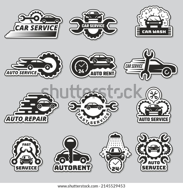 Car service logo. Silhouettes of automobiles\
garage vehicles mechanic repair cars recent stylized business\
emblems templates
