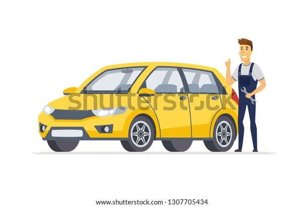 Car service - modern cartoon character
illustration isolated on white background. High quality composition
with a young smiling male worker with a screw key standing next to
a yellow vehicle