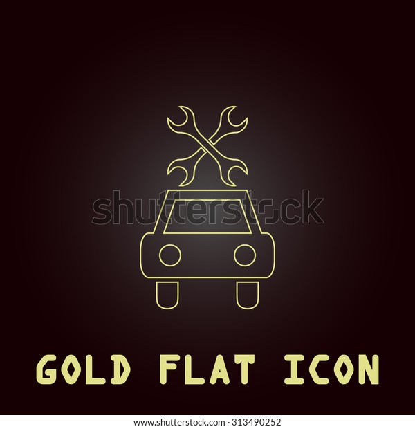 Car service. Outline gold\
flat pictogram on dark background with simple text. Illustration\
trend icon