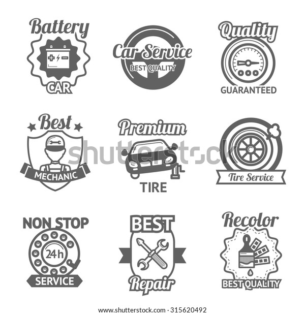 Car service premium quality auto repair\
black emblems set isolated \
illustration