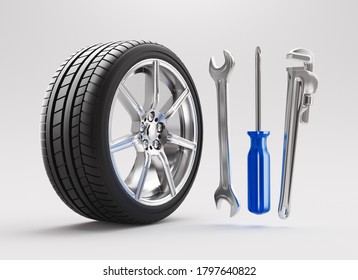 Car service, repair, maintenance concept changing tire. 3d rendering