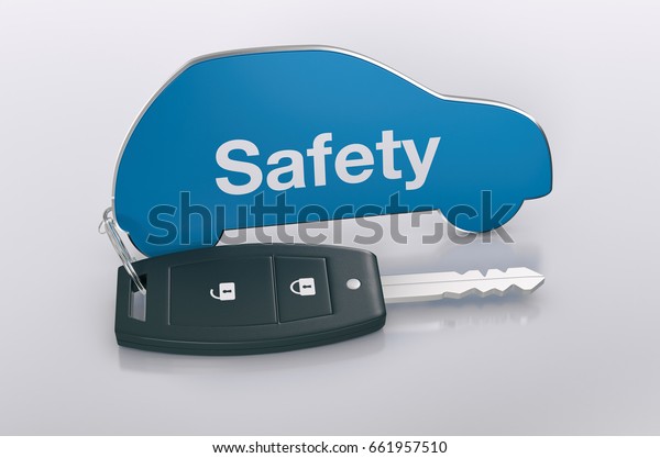 car shaped keyring with text: safety, concept of\
insurance (3d\
render)