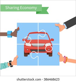 Car Share Concept. Sharing Economy And Collaborative Consumption Illustration. Hands Holding Vehicle Puzzle.