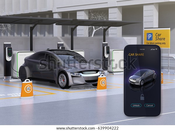 Car\
share parking lot and smartphone app for sharing. Using the car\
share app to unlock the car. 3D rendering\
image.
