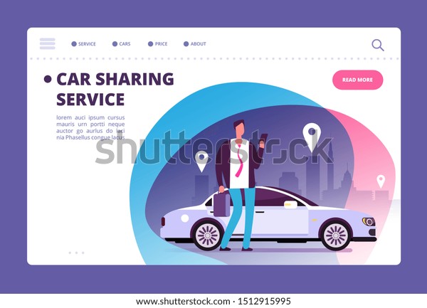 Car sharing concept.\
Businessman with smartphone at car on city street. Parking service\
website template