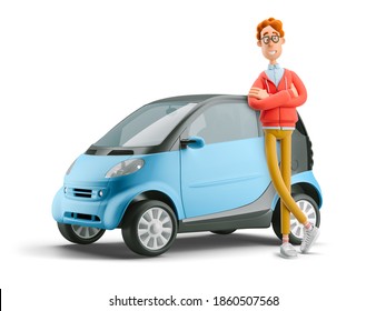 Car Sharing Concept. Nerd Larry With Smart Car. 3d Illustration.